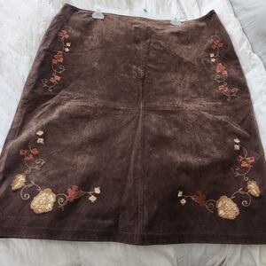 Embroidered Brown Suede Real Leather Skirt